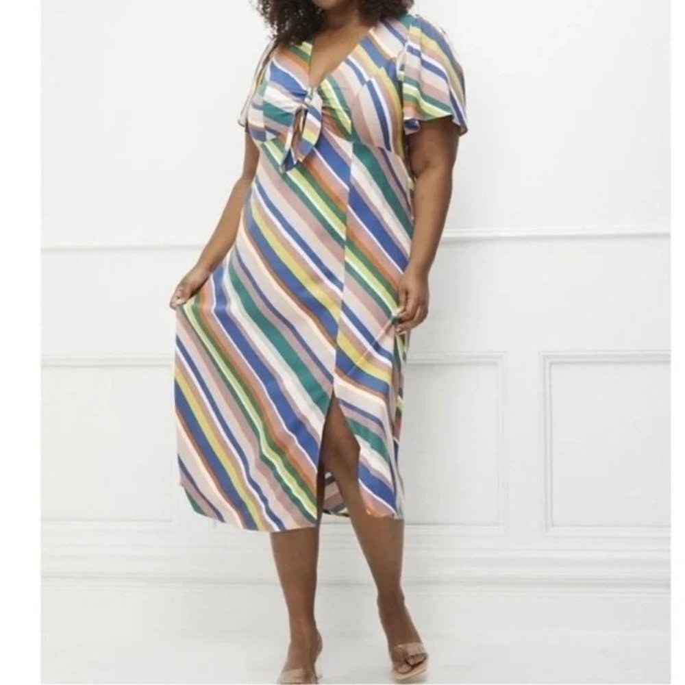 NWT Eloquii V-Neck Slit Let Flutter Sleeve Midi Dress Rainbow Stripe 22